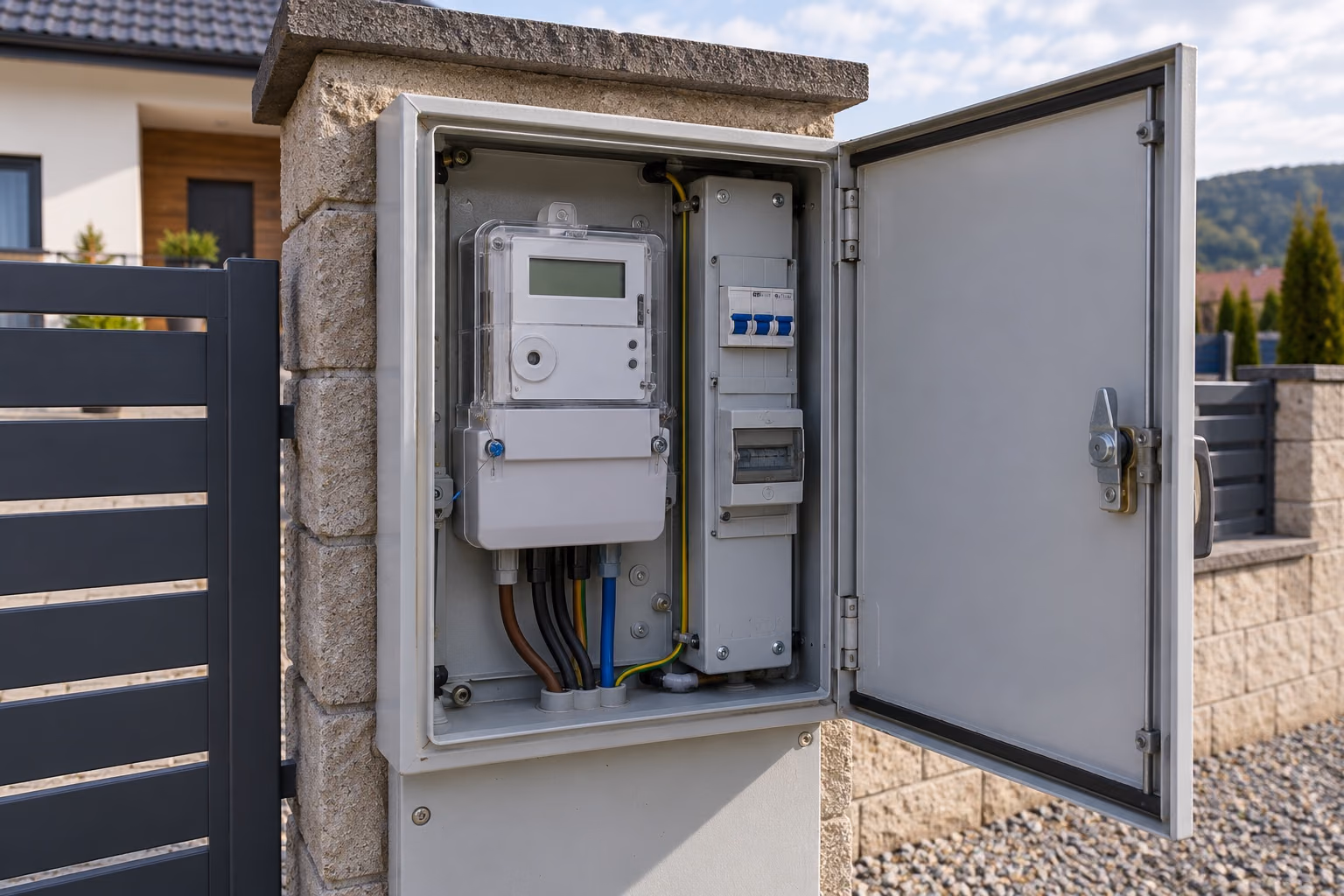 Otvorený elektromerový rozvádzač s inteligentným elektromerom a ističmi na stene domu